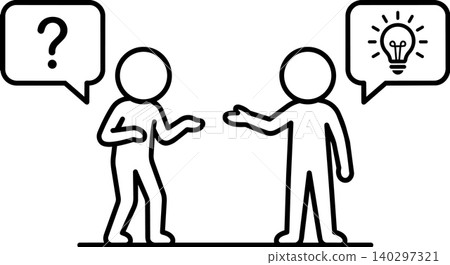 Stick figure people talking with question mark and lightbulb idea speech bubbles line art vector illustration. Communication, problem solving, and consultation concept. Stick figure people talking with question mark and lightbulb idea speech bubbles line art vector illustration. Communication, problem solving, and consultation concept. 140297321