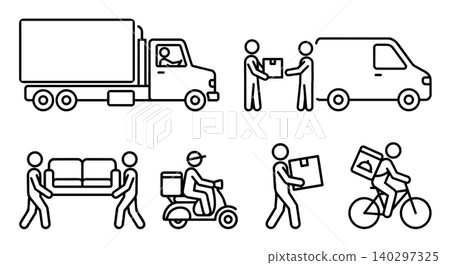 Logistics delivery and shipping service line art vector icon set. Courier transport truck, moving furniture, and food delivery concept. Logistics delivery and shipping service line art vector icon set. Courier transport truck, moving furniture, and food delivery concept. 140297325