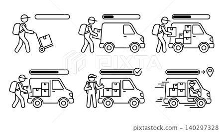 Courier loading boxes into delivery van with progress bar line art vector icon set. Logistics shipping process, tracking app UI, and transport concept. Courier loading boxes into delivery van with progress bar line art vector icon set. Logistics shipping process, tracking app UI, and transport concept. 140297328