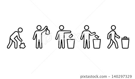 Stick figure picking up litter and throwing trash into bin line art vector icon set. Garbage disposal, keep clean, environmental care, and recycling concept. Stick figure picking up litter and throwing trash into bin line art vector icon set. Garbage disposal, keep clean, environmental care, and recycling concept. 140297329
