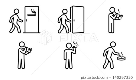 Stick figure smoking cigarette and designated smoking area line art vector icon set. Smoker routine, lighting lighter, and ashtray disposal concept. 140297330