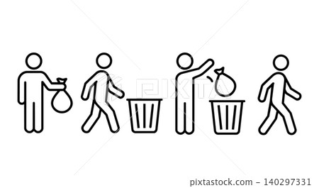 Stick figure throwing garbage bag into trash bin line art vector icon set. Rubbish disposal, keep clean, environmental care, and waste management concept. Stick figure throwing garbage bag into trash bin line art vector icon set. Rubbish disposal, keep clean, environmental care, and waste management concept. 140297331