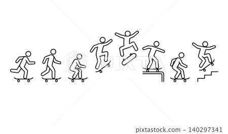 Stick figure skateboarding and extreme sport tricks line art vector icon set. Skateboarder jumping, ollie sequence, and street culture concept. Stick figure skateboarding and extreme sport tricks line art vector icon set. Skateboarder jumping, ollie sequence, and street culture concept. 140297341