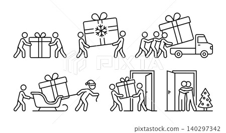 Christmas gift delivery and holiday logistics stick figure line art vector icon set. People moving big present, Santa sleigh, and family hugging celebration concept. Christmas gift delivery and holiday logistics stick figure line art vector icon set. People moving big present, Santa sleigh, and family hugging celebration concept. 140297342