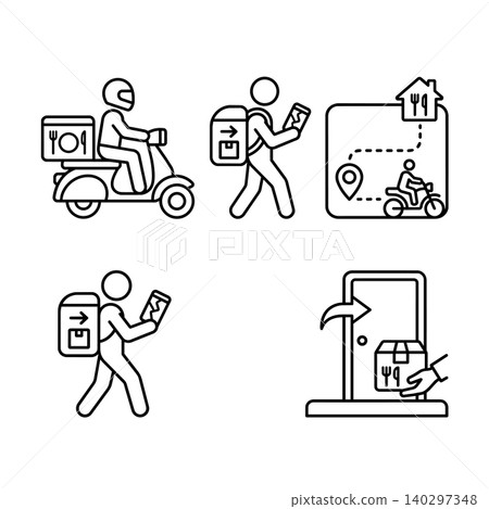 Food delivery service and scooter courier stick figure line art vector icon set. Bike shipping workflow, online tracking map app, and contactless parcel handout concept. Food delivery service and scooter courier stick figure line art vector icon set. Bike shipping workflow, online tracking map app, and contactless parcel handout concept. 140297348