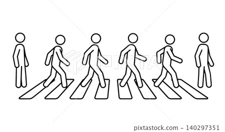 People walking on crosswalk stick figure icon vector set. Pedestrians crossing zebra crossing street minimalist line art illustration. People walking on crosswalk stick figure icon vector set. Pedestrians crossing zebra crossing street minimalist line art illustration. 140297351