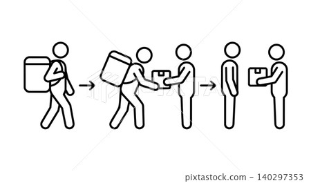 Courier delivering package stick figure line art vector icon set. Parcel delivery service, courier handing box to customer doorstep concept. Courier delivering package stick figure line art vector icon set. Parcel delivery service, courier handing box to customer doorstep concept. 140297353