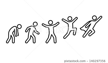 Superhero evolution stick figure line art vector icon set. Tired person transformation to confident, jumping, and flying with cape achievement concept. Superhero evolution stick figure line art vector icon set. Tired person transformation to confident, jumping, and flying with cape achievement concept. 140297356