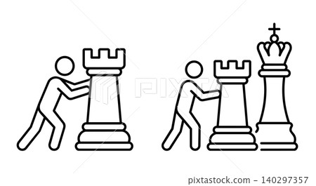 Chess strategy stick figure line art vector icon set. Person pushing rook chess piece near king, castling move, tactics and business protection concept. Chess strategy stick figure line art vector icon set. Person pushing rook chess piece near king, castling move, tactics and business protection concept. 140297357