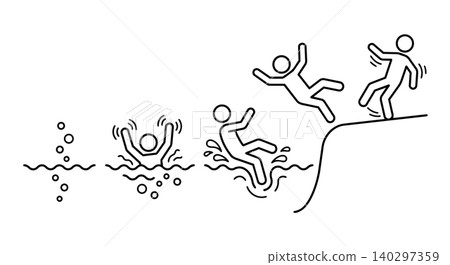Stick figure falling into water and drowning line art vector icon set. Slip and fall accident from ledge, drowning in water, and water safety concept. Stick figure falling into water and drowning line art vector icon set. Slip and fall accident from ledge, drowning in water, and water safety concept. 140297359
