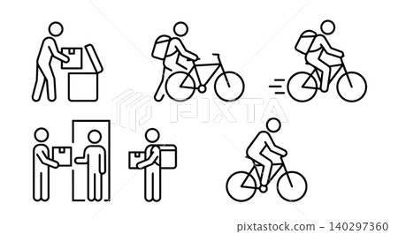 Courier delivery service stick figure line art vector icon set. Bike messenger riding bicycle, picking up package, and handing parcel box to customer concept. 140297360