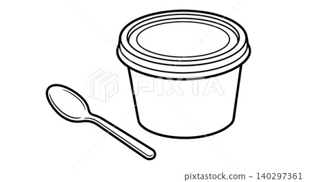Yogurt cup and spoon line art vector icon. Ice cream plastic container with lid, pudding dessert cup, packaging mock up minimalist illustration. 140297361