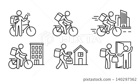 Food delivery service stick figure line art vector icon set. Courier riding bicycle with backpack, checking smartphone, and delivering meal to customer door step concept. 140297362