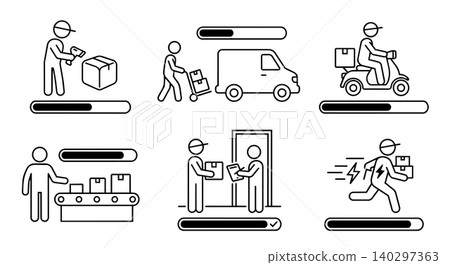 Logistics delivery service stick figure line art vector icon set. Shipping tracking progress bar status, warehouse sorting, cargo van, scooter courier, and customer handover concept. 140297363