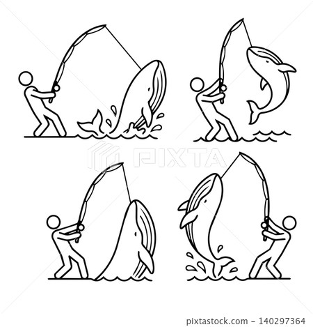 Whaling phishing attack icon set, minimalist line art of hacker catching a big whale symbolizing cyber security threat and targeted social engineering scams. 140297364