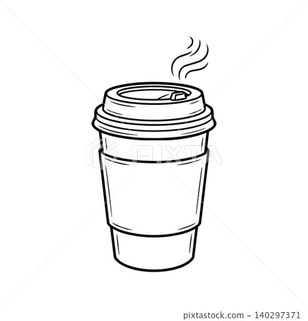 Hot coffee paper cup with lid and sleeve line art vector illustration. Takeaway espresso, hot chocolate, and cafe takeout icon. Hot coffee paper cup with lid and sleeve line art vector illustration. Takeaway espresso, hot chocolate, and cafe takeout icon. 140297371