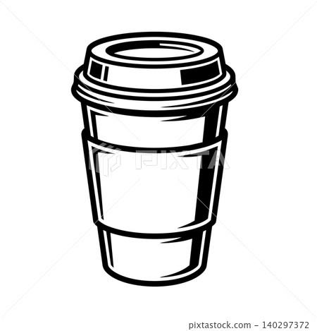 Coffee paper cup with lid and sleeve bold line art vector illustration. Retro comic style takeaway espresso and cafe takeout drink icon. Coffee paper cup with lid and sleeve bold line art vector illustration. Retro comic style takeaway espresso and cafe takeout drink icon. 140297372