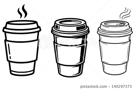 Takeaway coffee cup vector icon set in different line styles. Hot beverage paper cups with lids and sleeves, cafe takeout collection. Takeaway coffee cup vector icon set in different line styles. Hot beverage paper cups with lids and sleeves, cafe takeout collection. 140297373
