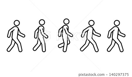 Stick figure walking cycle line art vector icon set. People walking animation frames, human motion, and step by step movement concept. Stick figure walking cycle line art vector icon set. People walking animation frames, human motion, and step by step movement concept. 140297375