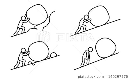 Sisyphus myth stick figure pushing big boulder uphill line art vector icon set. Never ending challenge, hard work, struggle, and perseverance concept. 140297376