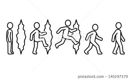 Stick figure portal travel and dimension rift line art vector icon set. People stepping through crack, time travel, future transition, and innovation concept. Stick figure portal travel and dimension rift line art vector icon set. People stepping through crack, time travel, future transition, and innovation concept. 140297379
