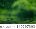 Nature background with rain drops on water surface and blurred green foliage bokeh 140297393