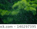 Beautiful motion blur of heavy tropical rain falling against a lush dark green forest background during monsoon season 140297395
