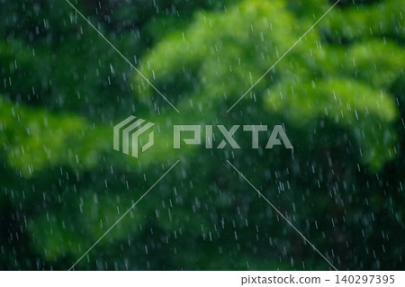 Beautiful motion blur of heavy tropical rain falling against a lush dark green forest background during monsoon season Beautiful motion blur of heavy tropical rain falling against a lush dark green forest background during monsoon season 140297395
