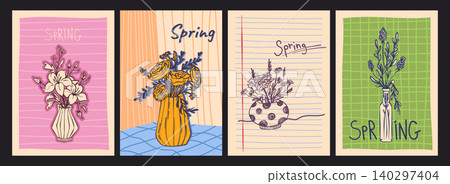 Sketch posters with flower bouquets in glass vases Sketch posters with flower bouquets in glass vases 140297404