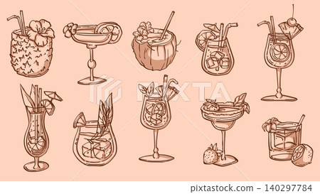 Tropical drinks collection in doodle sketch style 140297784