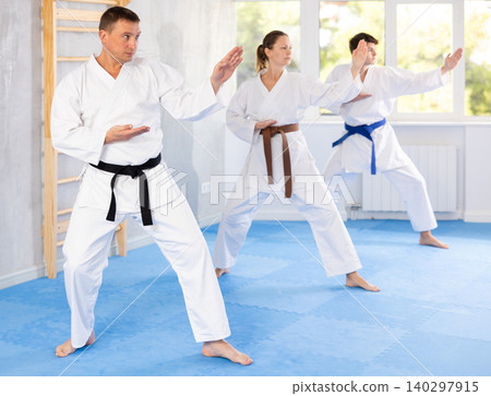 Athletes have starting position and repeating sequence of punches and painful techniques in kata Athletes have starting position and repeating sequence of punches and painful techniques in kata 140297915