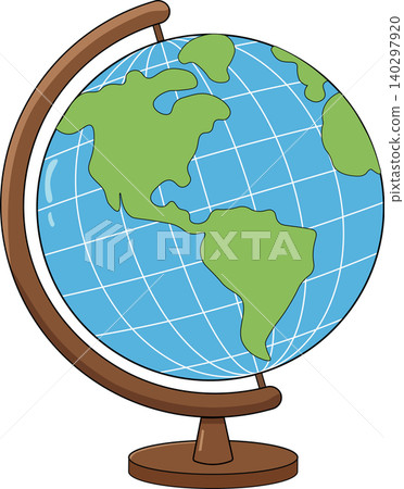 Cute cartoon school globe vector illustration with green continents and blue oceans on wooden stand isolated on white background Cute cartoon school globe vector illustration with green continents and blue oceans on wooden stand isolated on white background 140297920