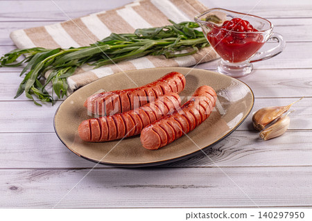 Appetizing fried sausages served with ketchup and fresh tarragon on wooden table Appetizing fried sausages served with ketchup and fresh tarragon on wooden table 140297950