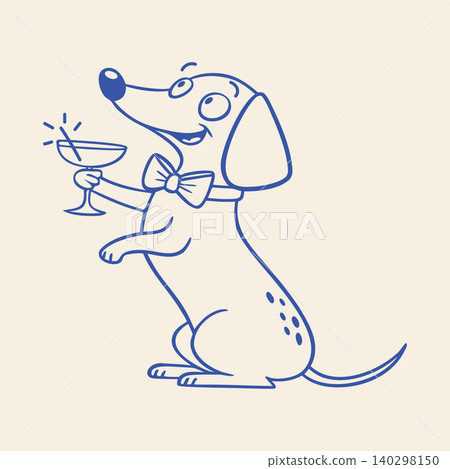 Dachshund Dog with Bow Tie Holding Cocktail. Hand drawn sketch. Illustration. Dachshund Dog with Bow Tie Holding Cocktail. Hand drawn sketch. Illustration. 140298150