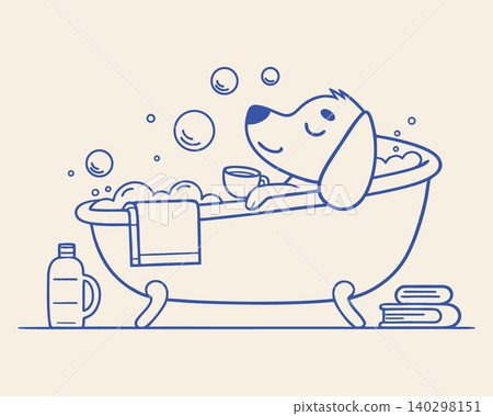 Cute dog with coffee cup relaxing in bathtub with bubbles. Pet grooming illustration. Cute dog with coffee cup relaxing in bathtub with bubbles. Pet grooming illustration. 140298151