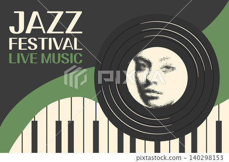 Jazz festival live music event poster design template. Retro vinyl record with portrait of a woman. Jazz festival live music event poster design template. Retro vinyl record with portrait of a woman. 140298153