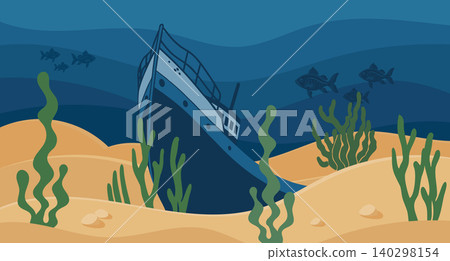 Underwater landscape with sunken shipwreck on the seabed with fish and seaweed. Illustration. Underwater landscape with sunken shipwreck on the seabed with fish and seaweed. Illustration. 140298154