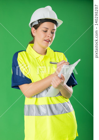Female foreman in reflective polo shirt and hard helmet takes inventory and makes notes on paper on green background Female foreman in reflective polo shirt and hard helmet takes inventory and makes notes on paper on green background 140298207