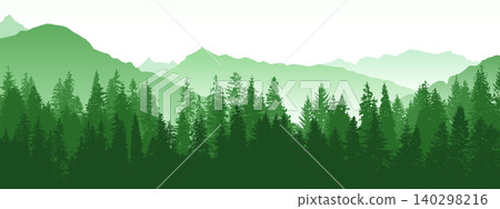 Forest and mountain landscape, green vector silhouette 140298216