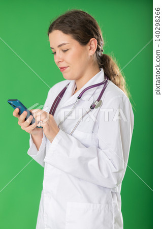 Portrait of young woman doctor wearing white medical coat with stethoscope scrolling smartphone standing against green screen Portrait of young woman doctor wearing white medical coat with stethoscope scrolling smartphone standing against green screen 140298266
