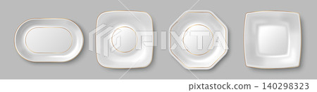 Elegant white ceramic plates with golden rim Elegant white ceramic plates with golden rim 140298323