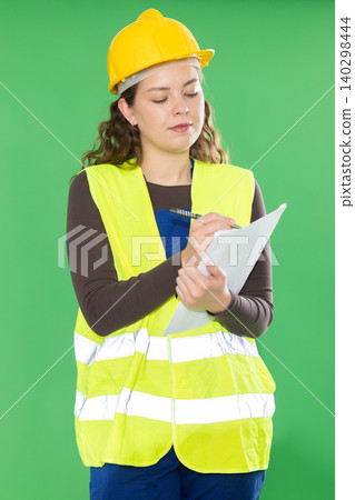 Young woman in reflective vest and hard hat filling papers 140298444