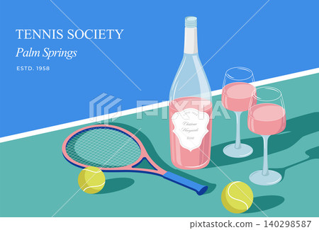Retro tennis court poster with rose wine bottle and glasses, racket and tennis balls. Vintage Retro tennis court poster with rose wine bottle and glasses, racket and tennis balls. Vintage 140298587