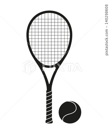 Black and white tennis racket and tennis ball isolated silhouette. Minimalist retro sport vector Black and white tennis racket and tennis ball isolated silhouette. Minimalist retro sport vector 140298608