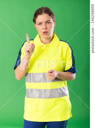 Young woman in polo shirt with reflective stripes is talking to someone against green background Young woman in polo shirt with reflective stripes is talking to someone against green background 140298609