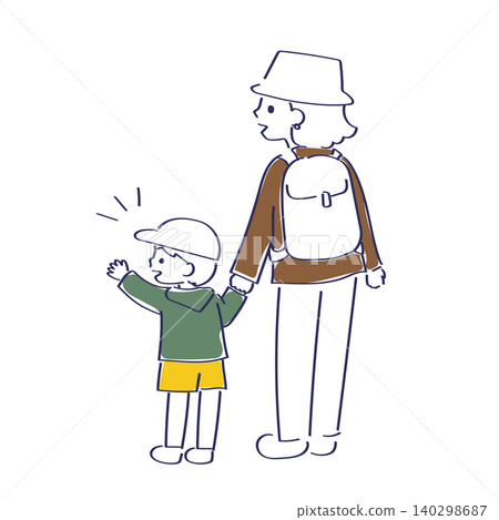 A mother and son, holding hands, are seen from behind while out and about. 140298687