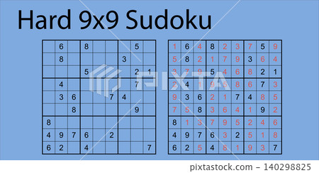Hard 9x9 Sudoku puzzle illustration featuring two grids, one with blank cells and the other with filled numbers, set against a blue background for clarity Hard 9x9 Sudoku puzzle illustration featuring two grids, one with blank cells and the other with filled numbers, set against a blue background for clarity 140298825