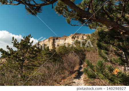 Rocky Hiking Trail Below Limestone Cliffs Rocky Hiking Trail Below Limestone Cliffs 140298927