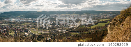 Wide panoramic view over a valley city Wide panoramic view over a valley city 140298929