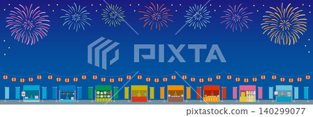 A horizontal framed illustration featuring fireworks, food stalls, and lanterns, inspired by a festival, with a background. A horizontal framed illustration featuring fireworks, food stalls, and lanterns, inspired by a festival, with a background. 140299077
